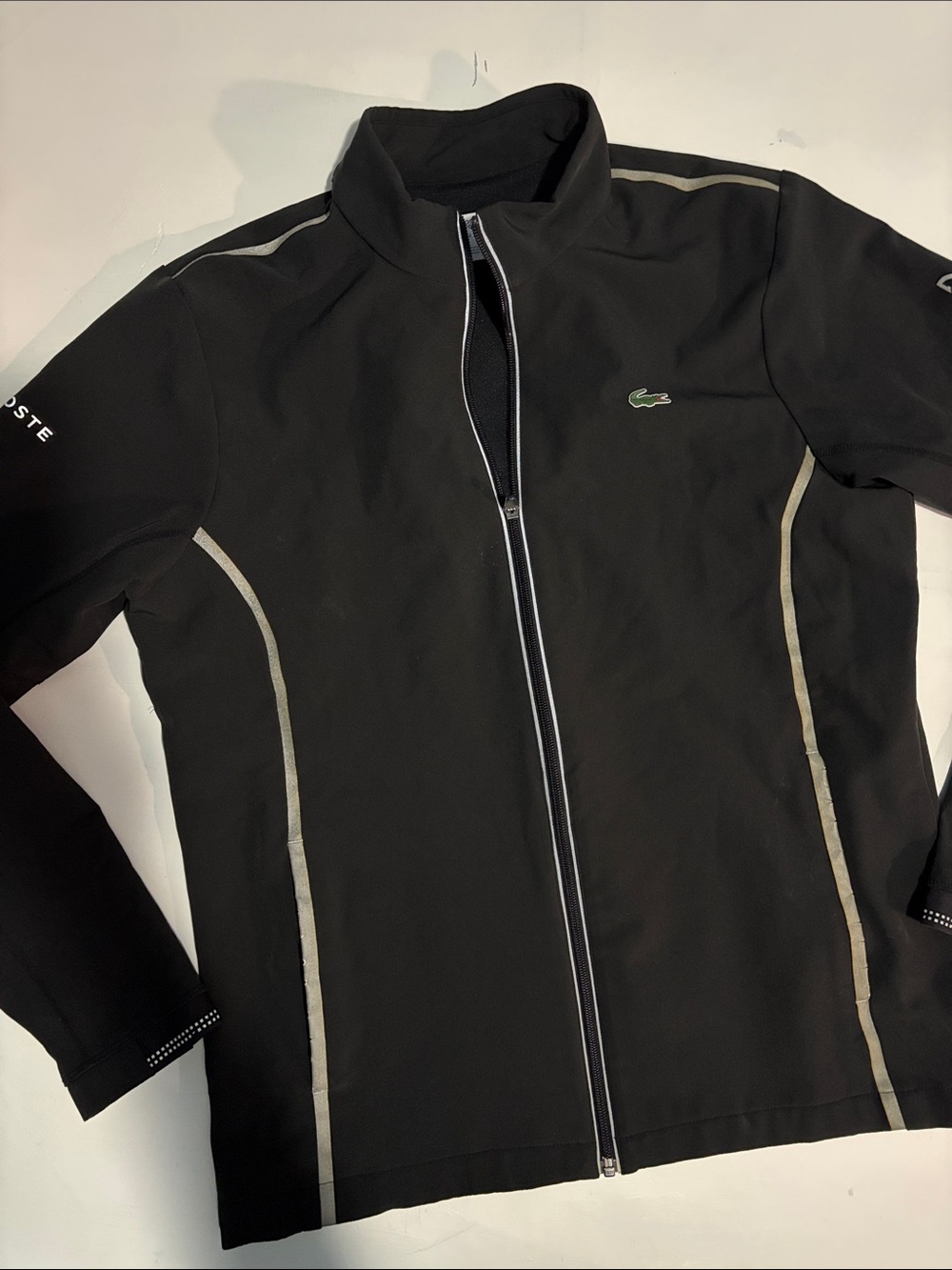 Lacoste Black Jacket with Green Logo and Reflective Trim